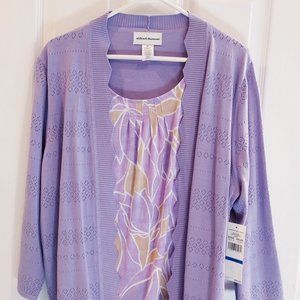 Alfred Dunner Lavender & Tan 2fer Cardigan Sweater XL NWT